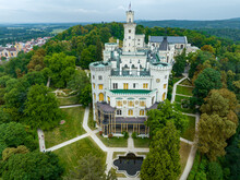 Aerial View Of Neo-Gothic Castle Hluboká Nad Vltavou, Czechia, Europe. 