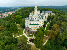 Aerial View Of Neo-Gothic Castle Hluboká Nad Vltavou, Czechia, Europe. 