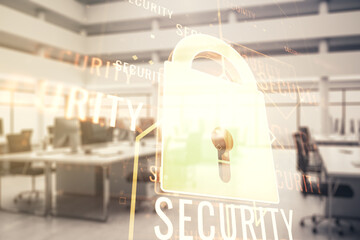 Aufkleber - Virtual creative lock sketch with chip hologram on a modern furnished office interior background, protection of personal data concept. Multiexposure