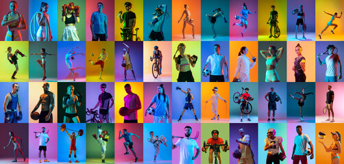 Wall Mural - Sport collage of professional athletes on gradient multicolored neoned background. Concept of motion, action, active lifestyle, achievements