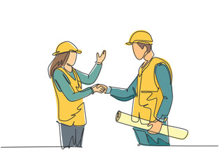 Wall Mural - One line drawing of young architect woman and builder foreman wearing construction vest and helmet handshake to deal a project. Great teamwork concept. Continuous line drawing vector illustration