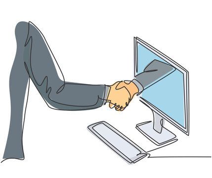 Continuous line drawing of business men shaking hand to deal a project. Hand come out from computer monitor screen. Digital online transaction concept. One line drawing vector graphic illustration