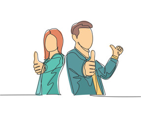 Poster - One line drawing of young happy couple businessman and businesswoman giving thumbs up gesture. Great business teamwork concept. Continuous line graphic draw design vector illustration