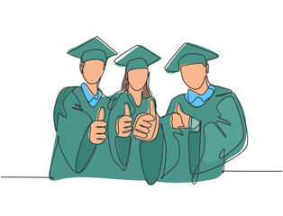 Poster - one line drawing of young happy graduate college students wearing graduation dress and giving thumbs