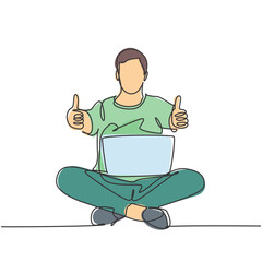 Poster - one line drawing of young happy male student sitting on the floor to study while holding laptop. edu