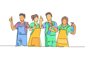 Poster - one line drawing of groups of group male and female janitor giving thumbs up gesture. cleaning servi