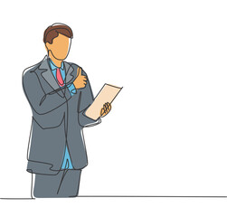 Poster - Single line drawing of business man standing up while holding a paper and giving thumbs up gesture. Business presentation concept. Continuous line draw design vector illustration