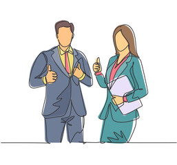 Poster - single line drawing group of young happy couple businessman and businesswoman standing up together g