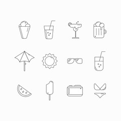 Black and white linear icons on the theme of summer. Icons beer, ice cream, swimsuit, glasses, camera, umbrella, watermelon. Holiday symbols for the Internet and print, highlighted on a white backgrou