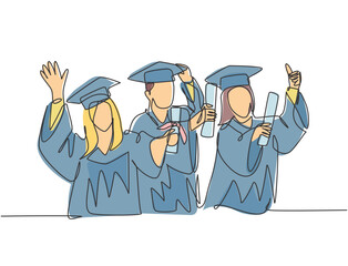 Poster - One line drawing group of young happy graduate male and female college student wearing gown and holding diploma certificate paper. Education concept continuous line draw design vector illustration