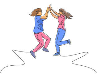 Sticker - Single line drawing of two young happy women jumping and giving high five gesture to celebrate business successful. Friendship concept continuous line draw design graphic vector illustration