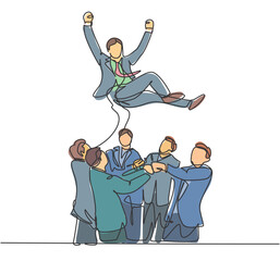 One line drawing of young happy business man thrown into the air by his friend to celebrate his successive business. Job promotion concept continuous line graphic draw design vector illustration