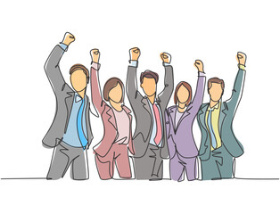 Poster - one single line drawing of group of male manager and female manager celebrating their success achiev