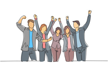 Poster - one single line drawing of group of young happy ceo and his colleagues celebrating their success ach