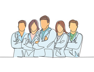 Wall Mural - One single line drawing of group of male doctor and female doctor line up to celebrate their successful surgery operation. Team work success concept continuous line draw design vector illustration