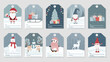 Set of cute Christmas and New Year gift tags. Vector greeting card designs with Santa Claus, scandinavian gnome, snowman, penguin, deer, gift boxes, christmas tree and other elements.