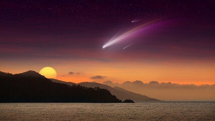 Wall Mural - amazing unreal background: giant colorful comet in glowing sunset sky over mountains and sea. mixed 