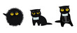 Set of black cat emoji. Crazy kitten with different emotions. Angry, skeptical, happy. Funny cat breaking things comic illustration, cartoon vector drawing.