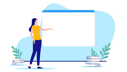 Poster - Presenting blank web page - Woman standing with empty internet browser, write your own text template. Flat design vector illustration with white background