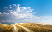 Panorama Of Autumn Field With Dirt Road And Cloudy Sky. Autumn Rural Landscape