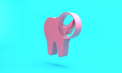 Wall Mural - Pink Tooth icon isolated on turquoise blue background. Tooth symbol for dentistry clinic or dentist medical center and toothpaste package. Minimalism concept. 3D render illustration