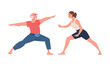 Senior Man and Young Woman Character Practicing Tai Chi and Qigong Exercise as Internal Chinese Martial Art Vector Set