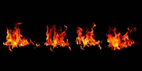 Wall Mural - Red heat energy fire, 4 pictures of the burning bonfire background image on a black background, close-up