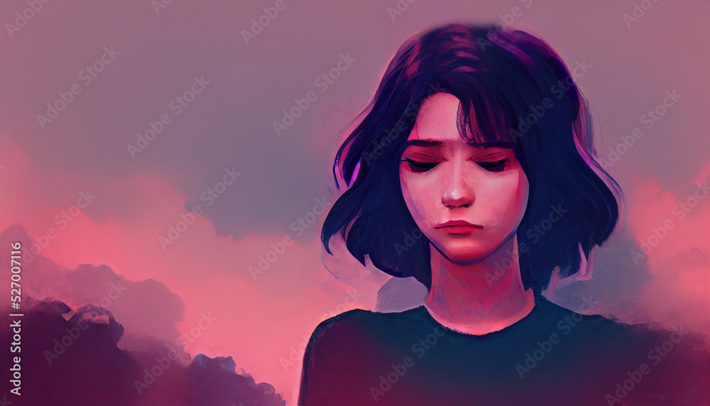 Illustration Stock Sad anime girl crying A drawing of a cute sad woman