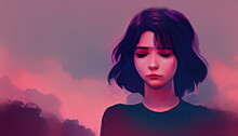 Sad Anime Girl Crying. A Drawing Of A Cute Sad Woman Being Depressed. Hearthbroken Woman, Digital Artwork. Illustration Of Depression. Lonely Lady With Depression. Digital Painting, Drawing.