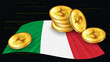 Stacks of gold coins of Bitcoin BTC on colored flag of Italy on dark digital background. Central Bank of Italy adopts laws on digital assets CBDC.
