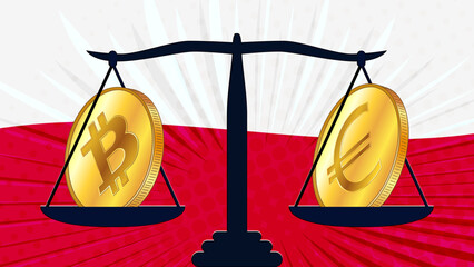 Canvas Print - Gold coin of Bitcoin BTC and Euro EUR on scales and colored flag of Poland on background. Central Bank of Poland adopts laws on digital assets CBDC.