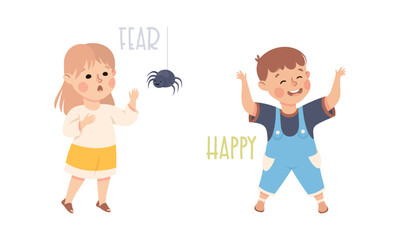 Poster - Little Boy and Girl Showing Sense Fearing Spiders and Happy Smiling Vector Set