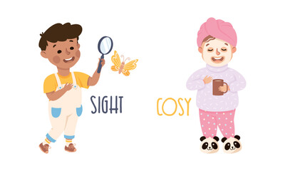 Sticker - Little Boy and Girl Showing Sense of Sight Watching Butterfly with Magnifying Glass and Cosy Tea Drinking Vector Set