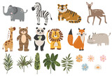 Fototapeta Fototapety na ścianę do pokoju dziecięcego - Abstract baby animals set, boho baby animals collection, funny animals vector, tropical leaves, jungle animal set