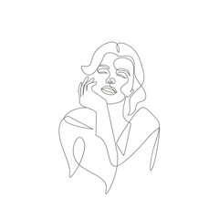 Wall Mural - Beauty woman smiling hands close to the girls smiling face one line art drawing line illustration