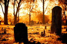 Old Graveyard Crooked Headstones In Autumn Sunlight Halloween Style Computer Illustrated Background. A.I. Generated Art.
