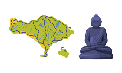 Wall Mural - Map of Bali with Boundary and Buddha Stone Statue Vector Set