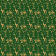 Christmas Seamless Pattern With Golden Symbols Of Gift Boxes And Stars On Green Background. Vector Texture In Hand Drawn Doodle Style. Perfect For Fabrics, Wrapping Paper, Digital Paper, Backgrounds.
