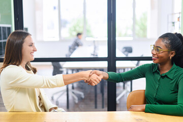 Two businesswomen sitting at the desk and shaking hands each other in sign of cooperation. Diverse female office employees greeting each other. Business partners made a deal