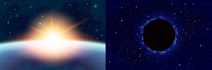 Wall Mural - Vector Cosmology Illustration with Universe, Galaxy, Sun, Planets and Stars. Can be used for Invitation or Booklet. Futuristic view with Depth and Space Background