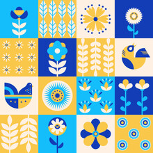 Floral Geometric Mosaic Background. Abstract Botanical Pattern Simple Swiss Bauhaus Style For Print. Vector Design Layout