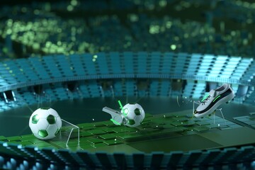 football 3d object in the abstract background, arena concept design, copy space, 3d illustration, glow neon light text frame, 3d rendering element, soccer game sport, sports equipment, realistic ball