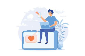 Poster - liking photos. man cartoon character putting likes on photos on social media page. add to favourite.