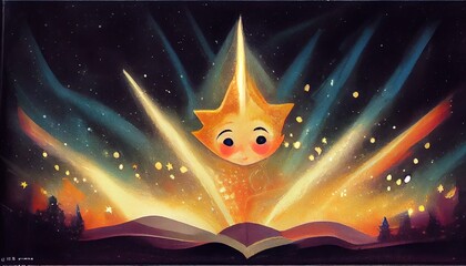 Wall Mural - little boy reading a magic fairytale book, cartoon illustration