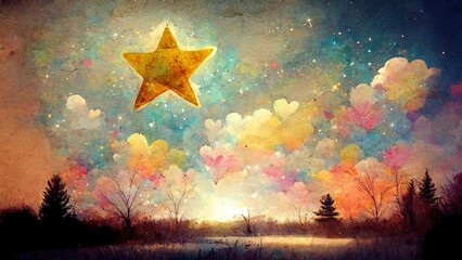 Wall Mural - big beautiful star at the sky, children book illustration with colorful sky