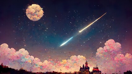 Wall Mural - shooting star in sky above a beautiful fantasy castle, children book illustration with a lovely moon