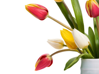Wall Mural - a group of red, yellow and white tulip flowers and leaves in a vase isolated on a flat background.