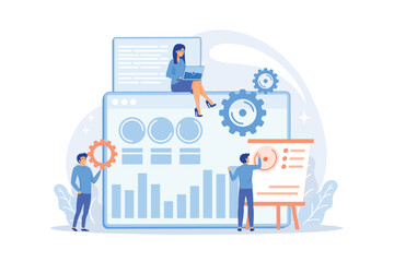 SEO specialists work on high-quality organic search traffic for websites. SEO analytics team, SEO optimization, internet promotion concept. flat vector modern illustration