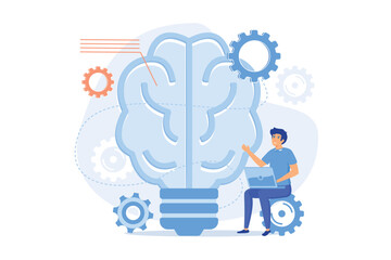 Human brain with gears thinking and users. Creating ideas and thoughts, brainstorming, creativity and business ideas, thinking and invention concept
