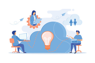 Poster - coworking team of users connected by cloud computing and light bulb. online collaboration, remote bu